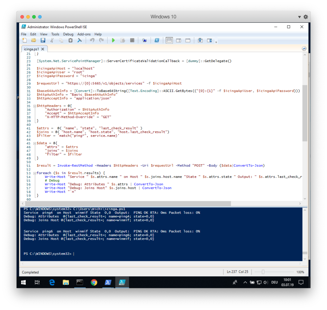 Icinga 2 API Windows Powershell ISE Script