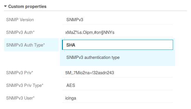 Auth and Priv properties for SNMPv3