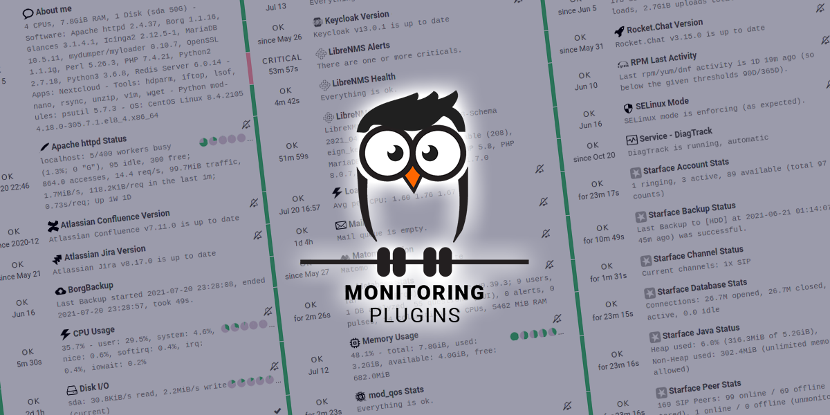 Linuxfabrik owl sitting on the text "Monitoring Plugins"