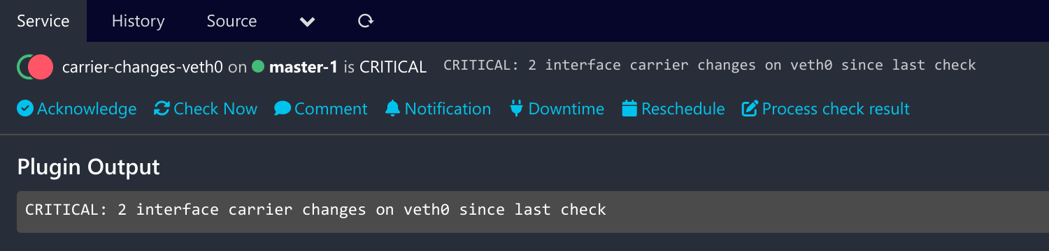 Screenshot of a carrier changes service in Icinga Web that shows a critical check result due to 2 interface carrier changes