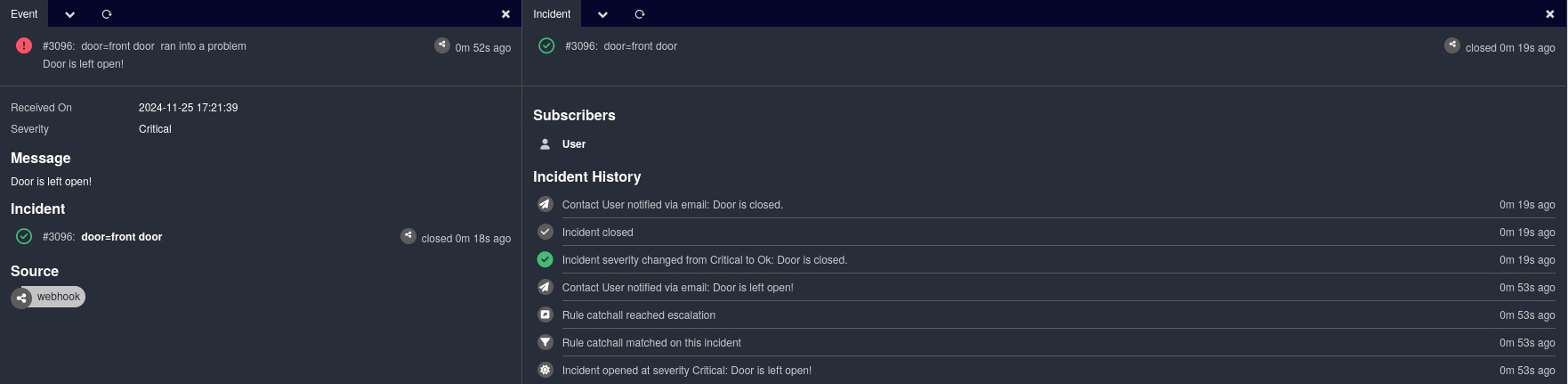 Screenshot of Icinga Notifications showing both an Event and an Incident created for the exemplary door event.