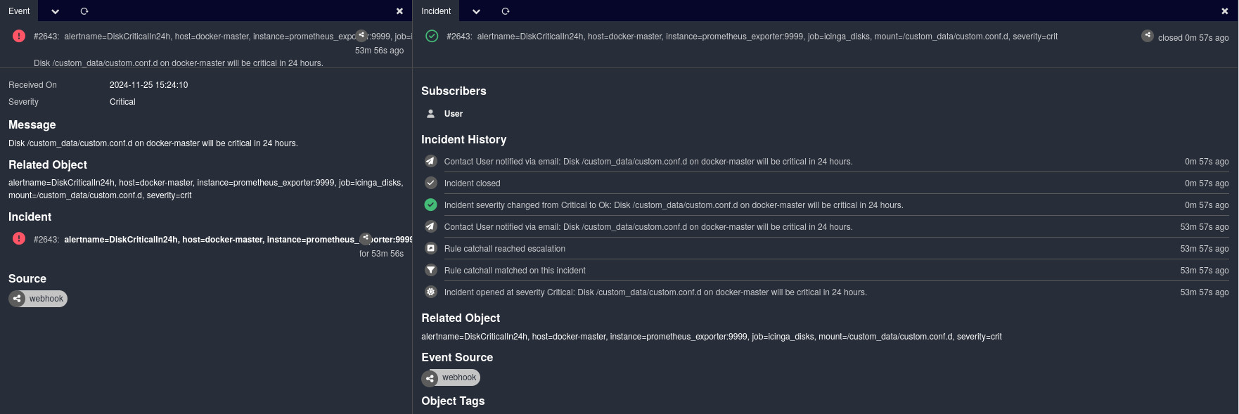 Screenshot of Icinga Notifications showing both an Event and an Incident created from a Prometheus prediction.