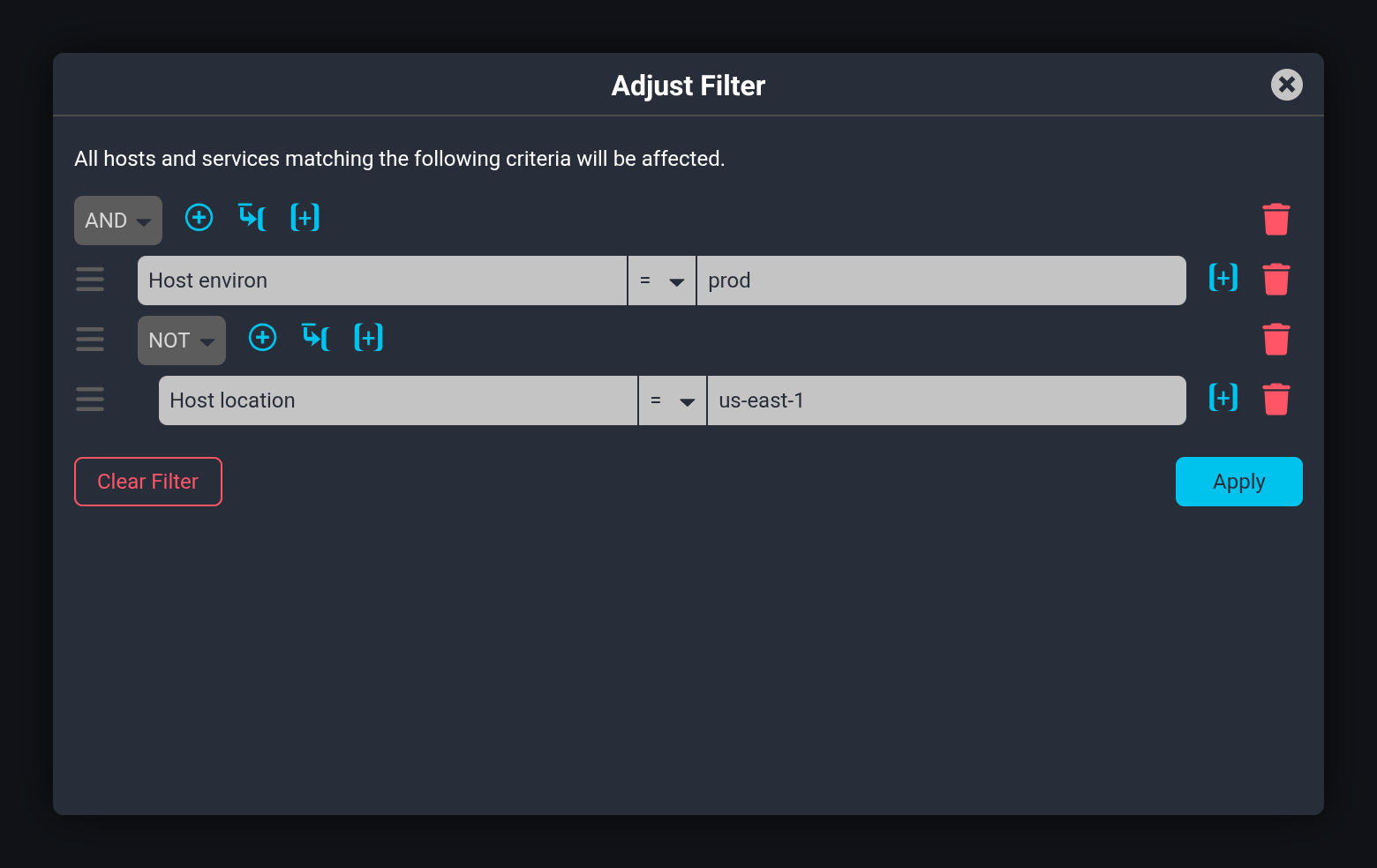 Screenshot showing the new filter editor inside the Icinga Notifications configuration. The example matches all hosts and services where the host environment is "prod" and the host location is not "us-east-1".