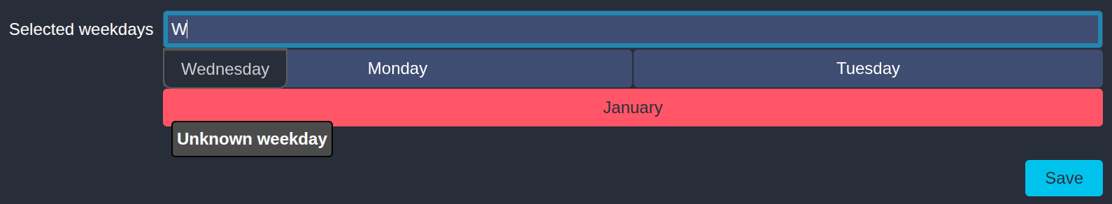 Completed ipl-web TermInput with enriched labels and weekday autocomplete suggestions and an error message for the invalid entry "January"