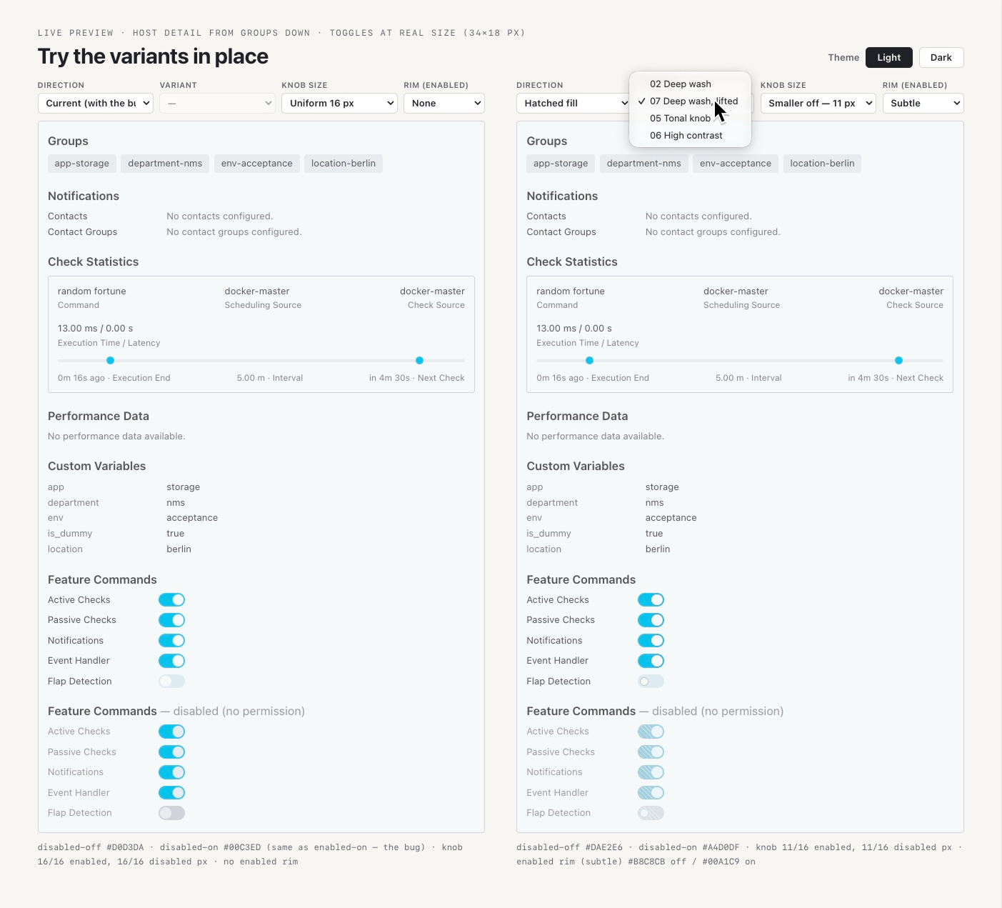Interactive prototype of the Icinga DB Web host detail view, shown twice side by side with dropdowns for direction, variant, knob size and rim plus a light/dark theme switch, comparing enabled and disabled Feature Commands toggles.