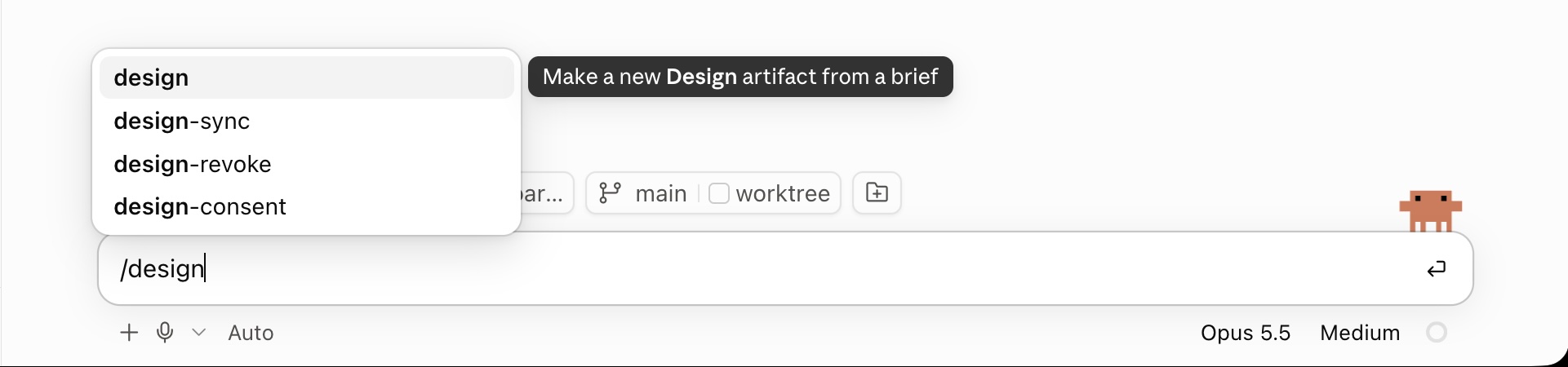 Claude Code input field with /design typed. A command menu lists design, design-sync, design-revoke and design-consent, and a tooltip reads "Make a new Design artifact from a brief".